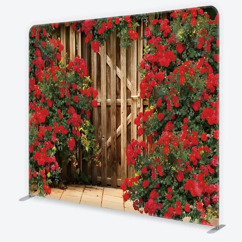 Aperturee Red Roses and Rustic Wood Gate Garden Backdrop, Professional Floral Studio Background for Wedding Photoshoot