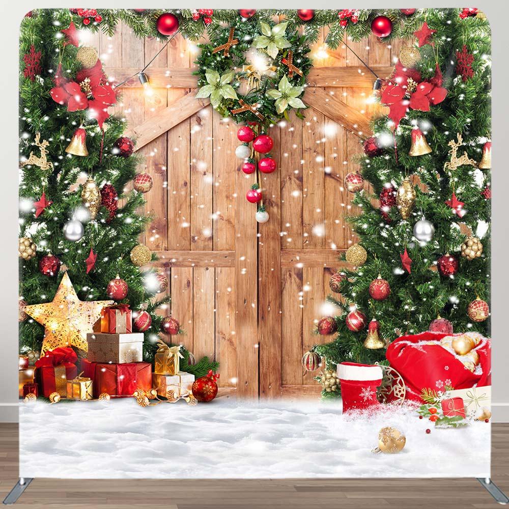 Aperturee Wreath Christmas Tree Wooden Door Square Backdrop | Xmas Backdrop | Christmas Backdrops For Photography | Winter Wonderland Backdrop
