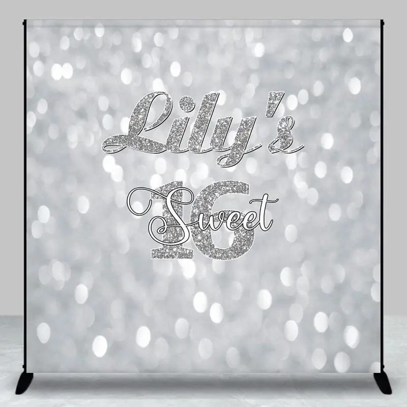 Aperturee Bokeh Silver Custom Name Sweet 16 Birthday Backdrop, 3X3FT(1X1M), 15 USD, custom birthday backdrops, DZAH0B311-O