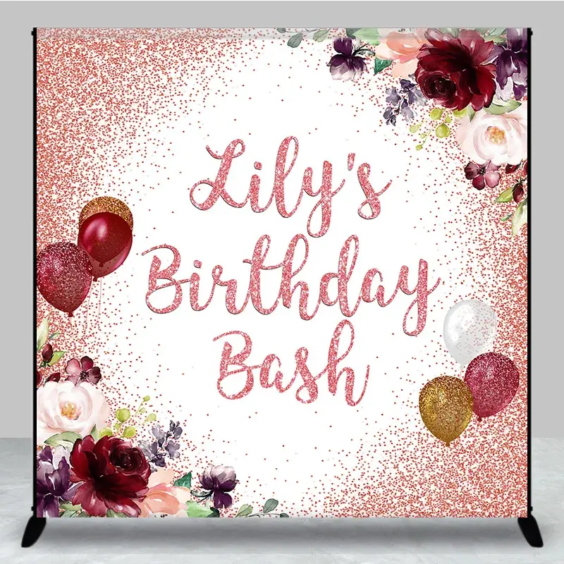 Aperturee Floral Glitter Balloons Custom Birthday Backdrop, 3X3FT(1X1M), 15 USD, custom birthday backdrops, DZAH0C866-O