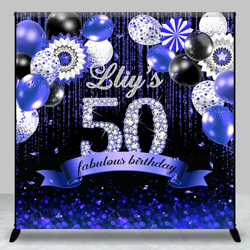 Aperturee Black Purple Balloons Custom 50th Birthday Backdrop, 3X3FT(1X1M), 15 USD, custom birthday backdrops, DZAH0D026-O