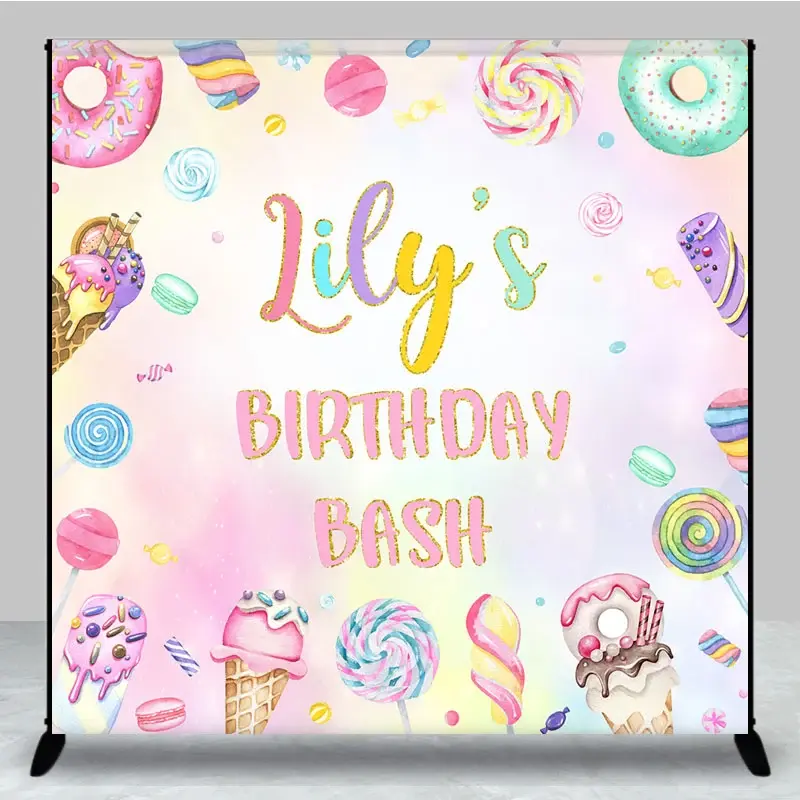 Aperturee Personalized Candyland Birthday Bash Backdrop, Pastel Donut and Lollipop Theme, Custom Name Sweet Shoppe Party, 3x3ft (WxH)
