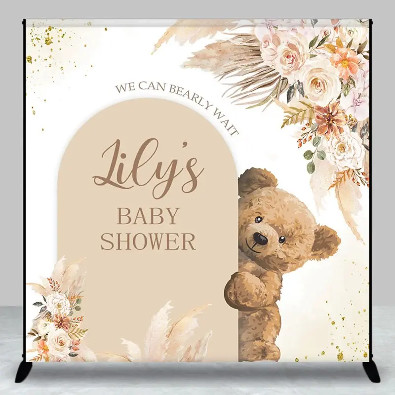 Aperturee Boho Floral Bearly Wait Custom Baby Shower Backdrop, 3X3FT(1X1M), 15 USD, custom baby shower backdrops, DZAH0F376-O