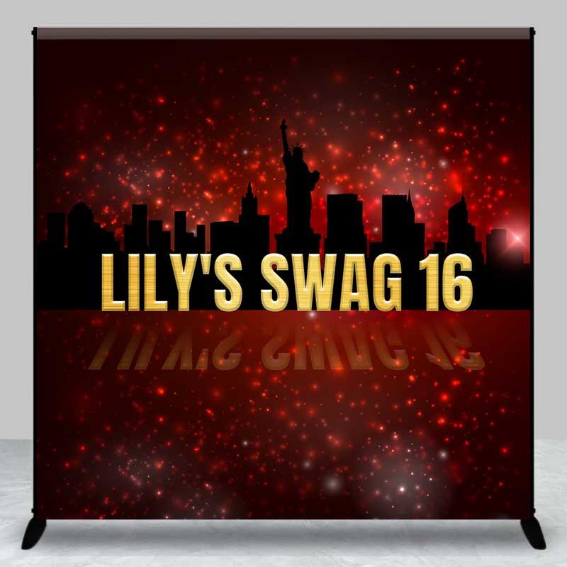Aperturee Custom Swag 16th Birthday Backdrop New York City Skyline Silhouette Red Glitter Studio Prop