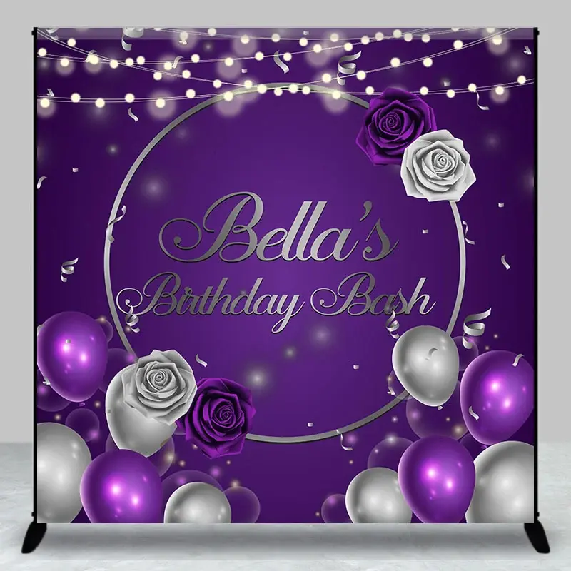 Aperturee Purple Balloons Rose Custom Name Birthday Backdrop, 3X3FT(1X1M), 15 USD, custom birthday backdrops, DZH0A328-O
