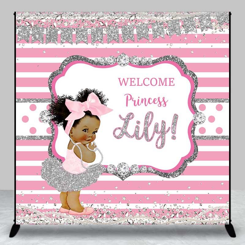Aperturee Welcome Princess Custom Name Backdrop, Pink and Silver Stripe with Diamonds, Royal Baby Girl Shower Photo Prop, 3x3ft (WxH), 15 USD, custo