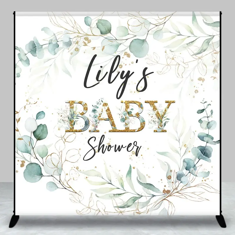 Aperturee Personalized Greenery Baby Shower Backdrop, Eucalyptus Wreath with Gold Accents, Custom Name Botanical Decor, 3x3ft (WxH)