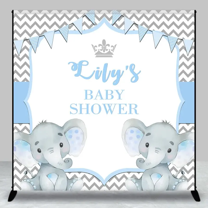 Aperturee Personalized Elephant Baby Shower Backdrop, Blue Little Peanut, Grey Chevron Party Supplies for Boy