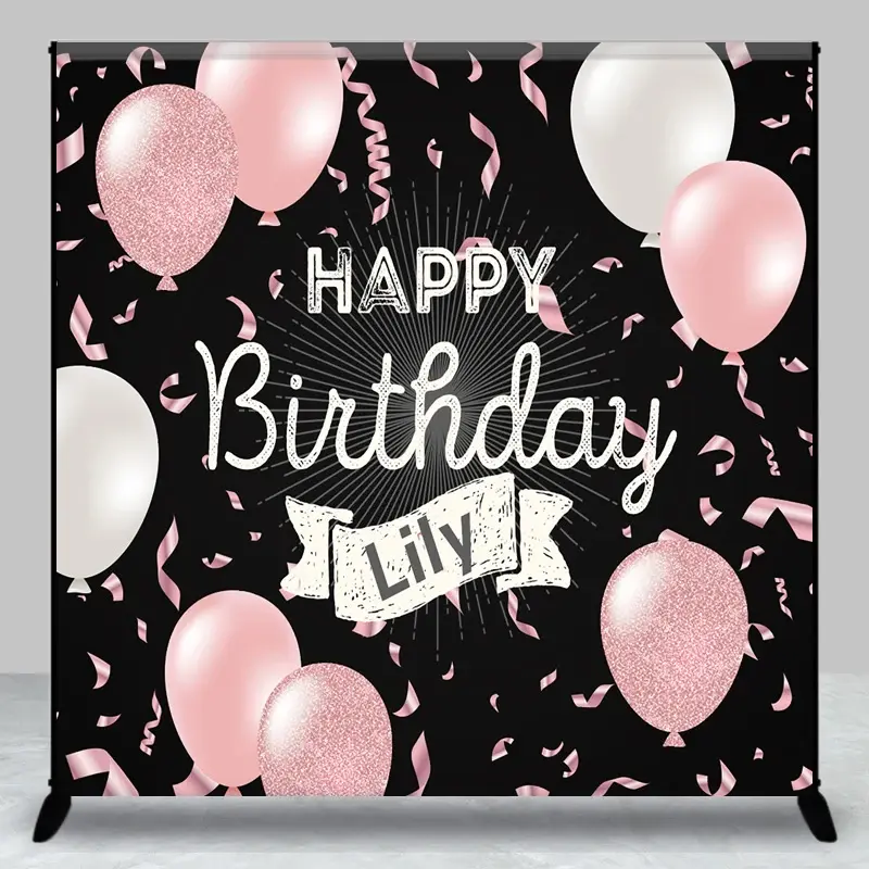 Aperturee Personalized Happy Birthday Backdrop Pink and White Balloons on Black Background, Professional Custom Studio Prop
