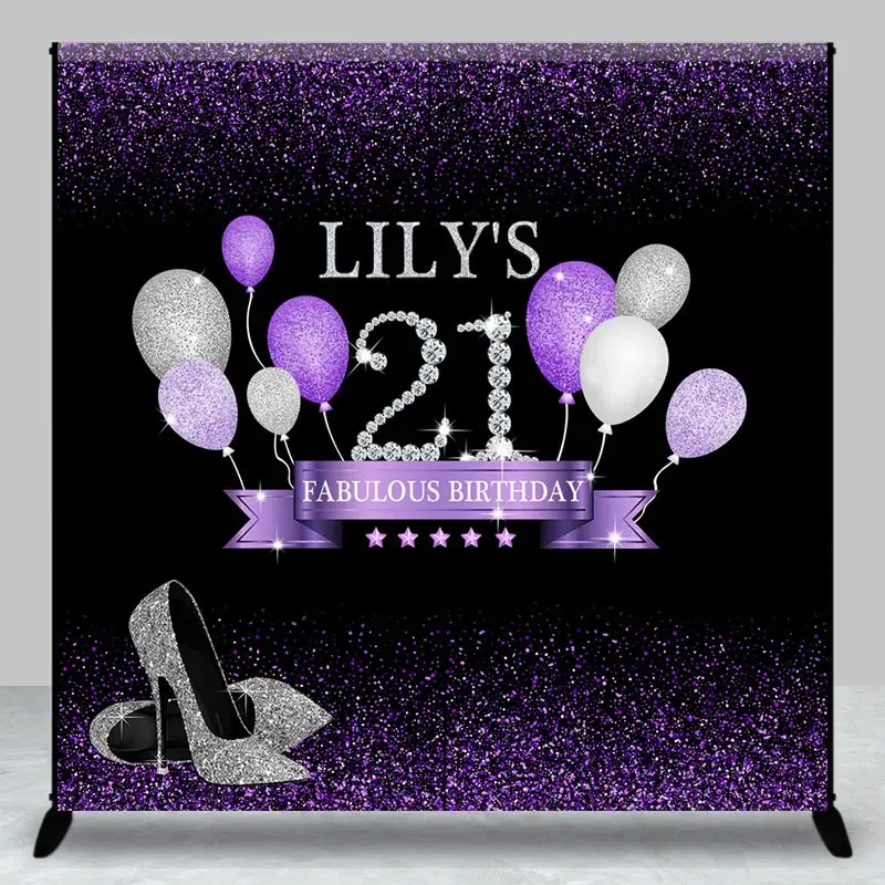 Aperturee Custom Purple Balloon High Heels Birthday Backdrop, 3X3FT(1X1M), 15 USD, custom birthday backdrops, DZHJ07597-O