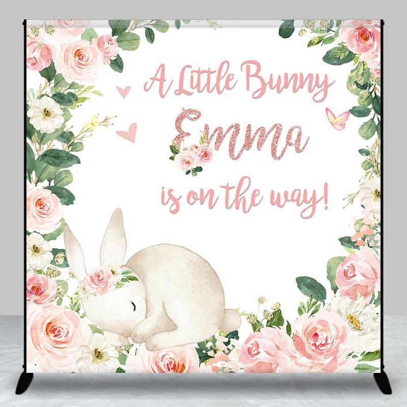 Aperturee Custom Bunny Baby Shower Backdrop Sleeping Rabbit Pink Flower Wreath Newborn Girl Studio