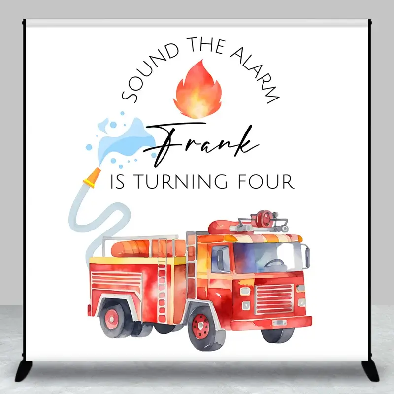 Aperturee Personalized Fire Truck 4th Birthday Backdrop, Sound The Alarm Firefighter Theme, Custom Name Watercolor Party Decor, 3x3ft (WxH), 15 USD,