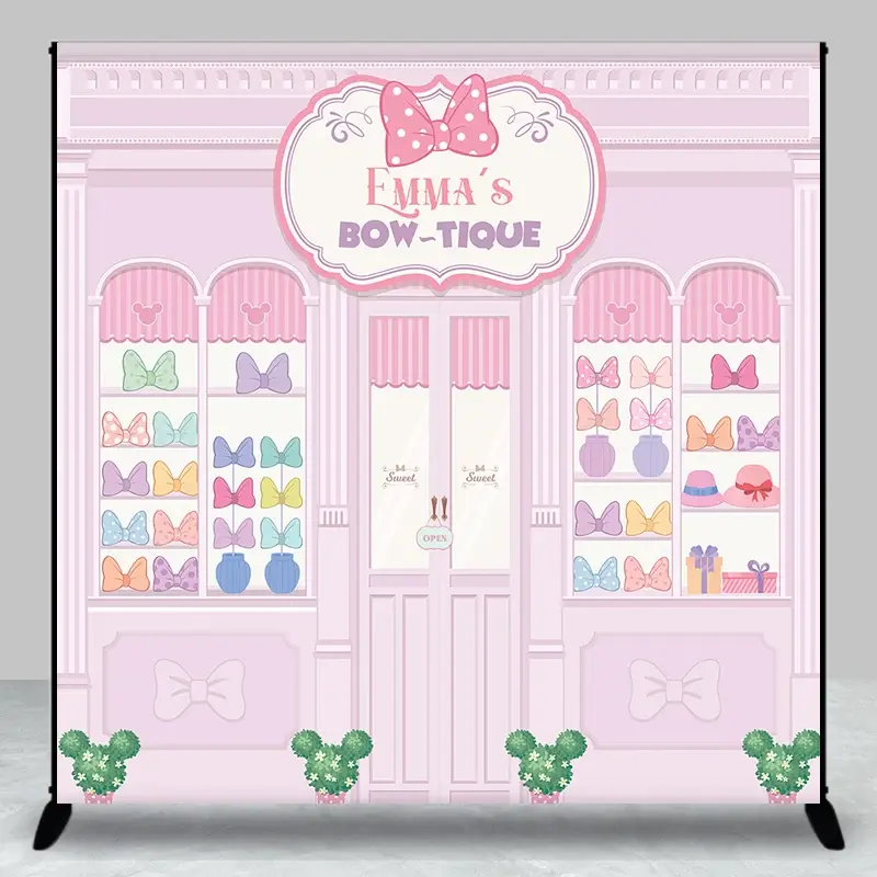 Aperturee Personalized Bow-Tique Birthday Backdrop, Pink Mouse Ears and Bows Shop, Custom Name Cartoon Party Photo Booth, 3x3ft (WxH)