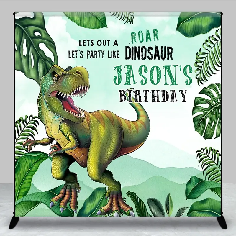 Aperturee Jungle Monstera Dinosaur Custom Birthday Backdrop, 3X3FT(1X1M), 15 USD, custom birthday backdrops, DZLH0C839-O