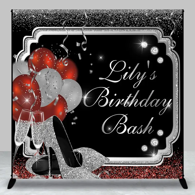 Aperturee Custom Birthday Backdrop, Personalized Silver Glitter Red Balloons Sparkling Heels