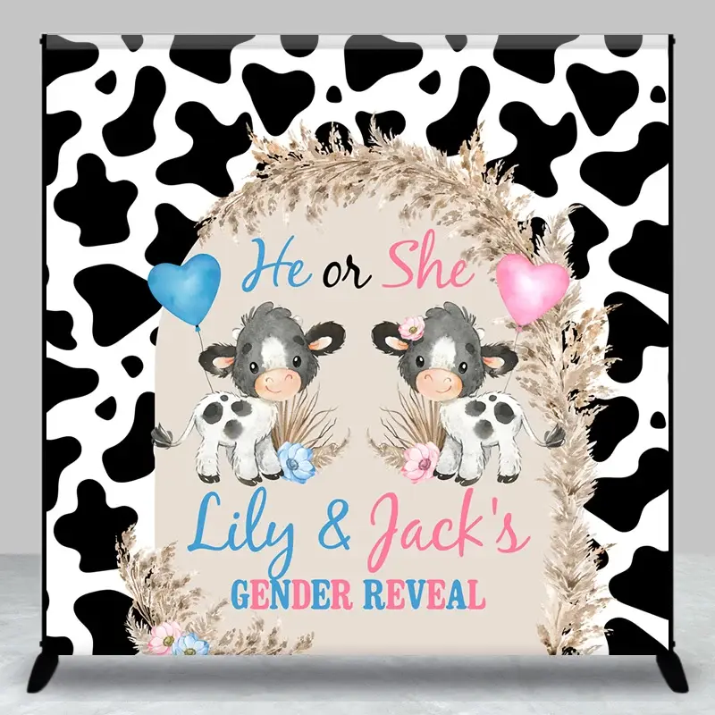 Aperturee Personalized He or She Cow Gender Reveal Backdrop Cow Print and Pampas Grass Background, Professional Custom Photo Prop