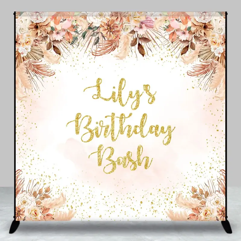Aperturee Custom Birthday Bash Backdrop for Her, Boho Pampas Grass and Dried Flowers, Personalized Gold Glitter Photo Prop, 3x3ft (Wx