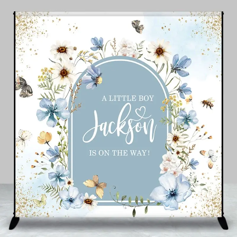 Aperturee Blue Floral Spring Custom Name Baby Shower Backdrop, 3X3FT(1X1M), 15 USD, custom baby shower backdrops, DZLH0G102-O