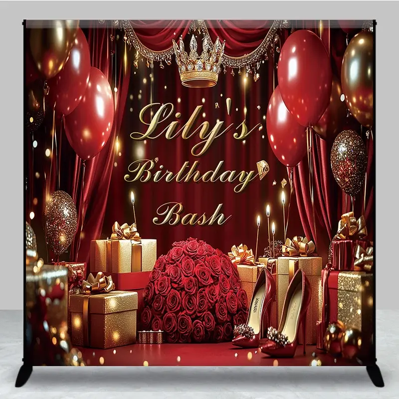 Aperturee Red Gold Balloons Royal Custom Name Birthday Backdrop, 3X3FT(1X1M), 15 USD, custom birthday backdrops, DZLHF355A-O