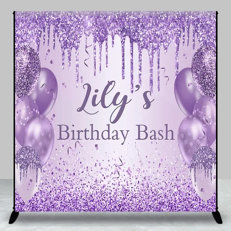 Aperturee Personalized Purple Glitter Birthday Backdrop, Glam Drip and Balloons Party Decor, Custom Name Birthday Bash Banner, 3x3ft (WxH), 15 USD,
