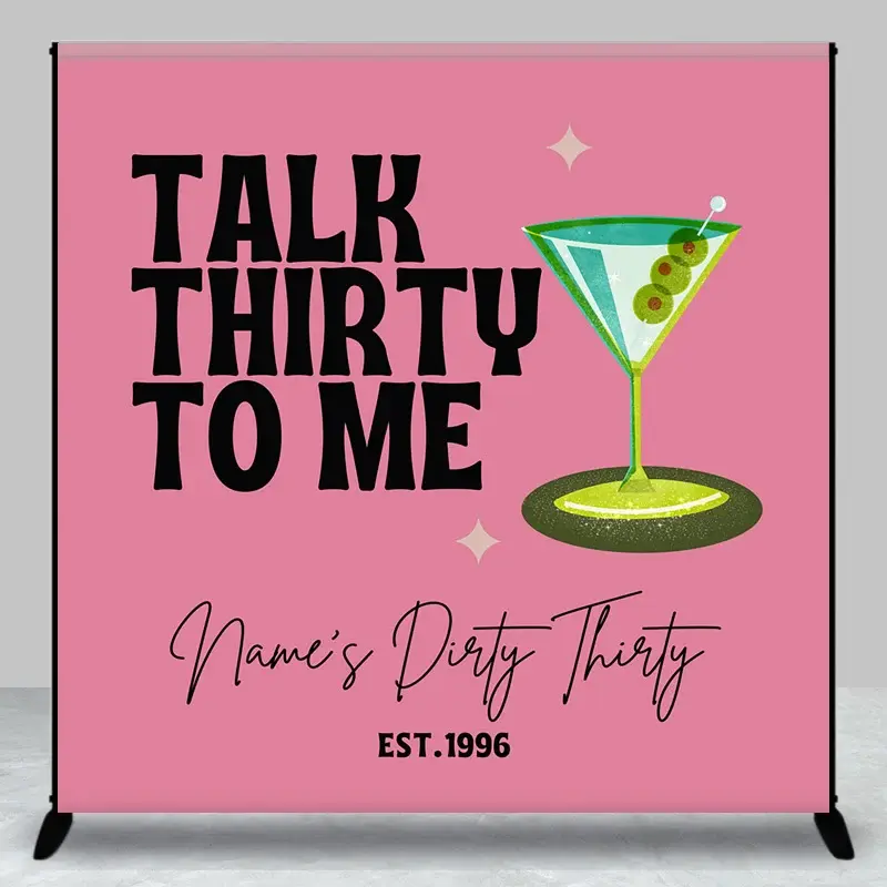 Aperturee Personalized Talk Thirty to Me 30th Birthday Backdrop Martini Glass and Retro Pink Background, Professional Custom Photo Prop