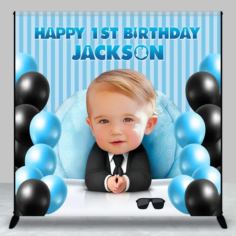 Aperturee Blue Balloons Boss Custom Photo 1st Birthday Backdrop, 3X3FT(1X1M), 15 USD, custom birthday backdrops, DZYM2Z05-O