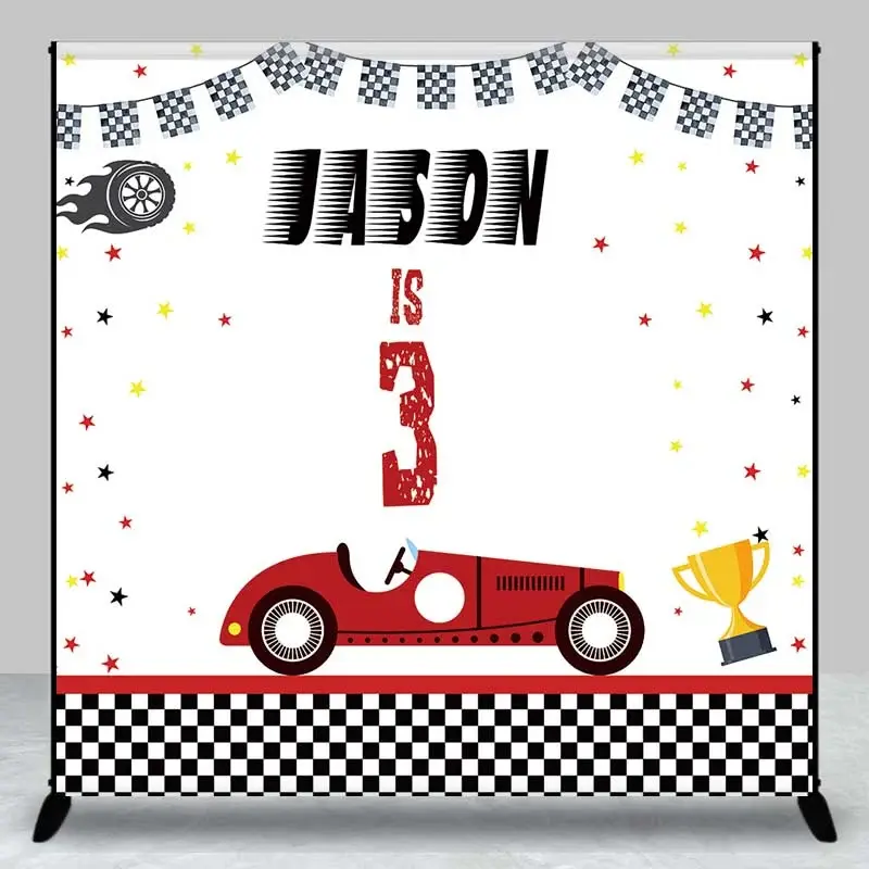 Aperturee Custom Third Birthday Race Car Backdrop, Vintage Red Car and Checkered Flag, Personalized Boys Racing Party Decor, 3x3ft (WxH), 15 USD
