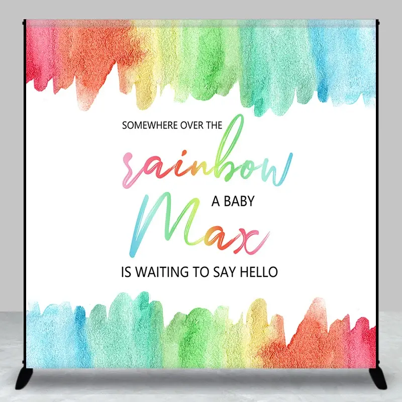 Aperturee Personalized Somewhere Over the Rainbow Baby Shower Backdrop, Watercolor Pastel Rainbow Party Decor
