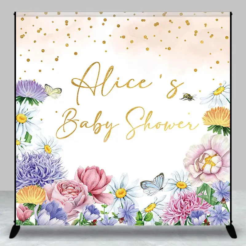 Aperturee Color Floral Glitter Custom Name Baby Shower Backdrop, 3X3FT(1X1M), 15 USD, custom baby shower backdrops, DZZH0G314-O