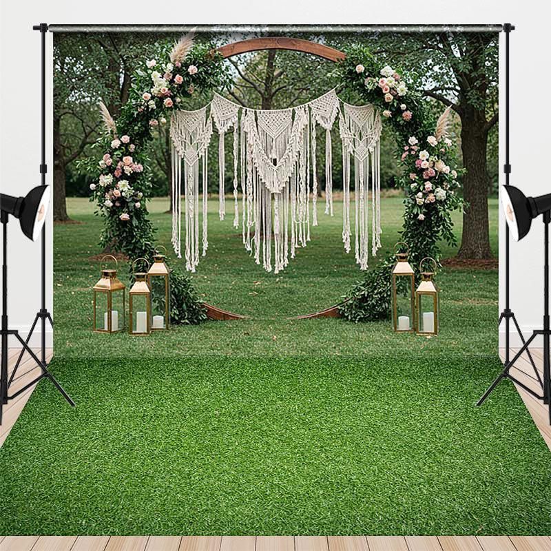 Aperturee Boho Wedding Combo Set Backdrop Wooden Arch Macrame Floral Green Grass Floor Photography Background