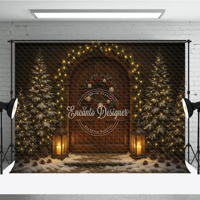 Aperturee Rustic Christmas Front Door Photography Backdrop, Snowy Porch with Garland and Lanterns, Holiday Photo Background, 3x2ft (WxH)