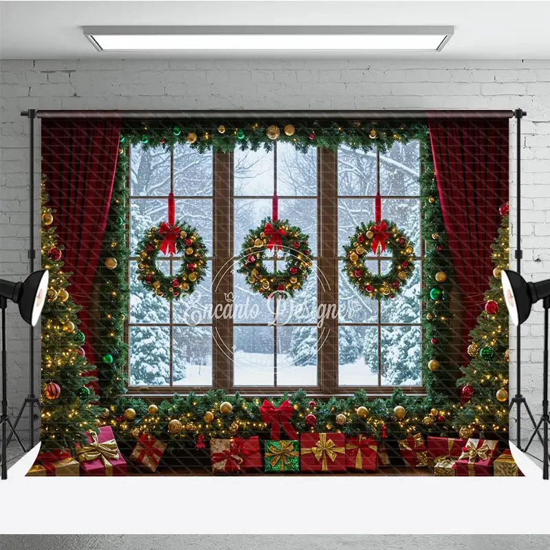 Aperturee Christmas Window Photography Backdrop, Snowy View with Wreaths and Red Curtains, Holiday Mini Session Background, 3x2ft (WxH)