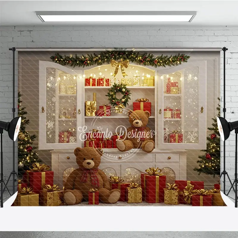 Aperturee Christmas White Cabinet Photography Backdrop, Teddy Bears and Presents Display, Farmhouse Holiday Photo Background, 3x2ft (WxH)