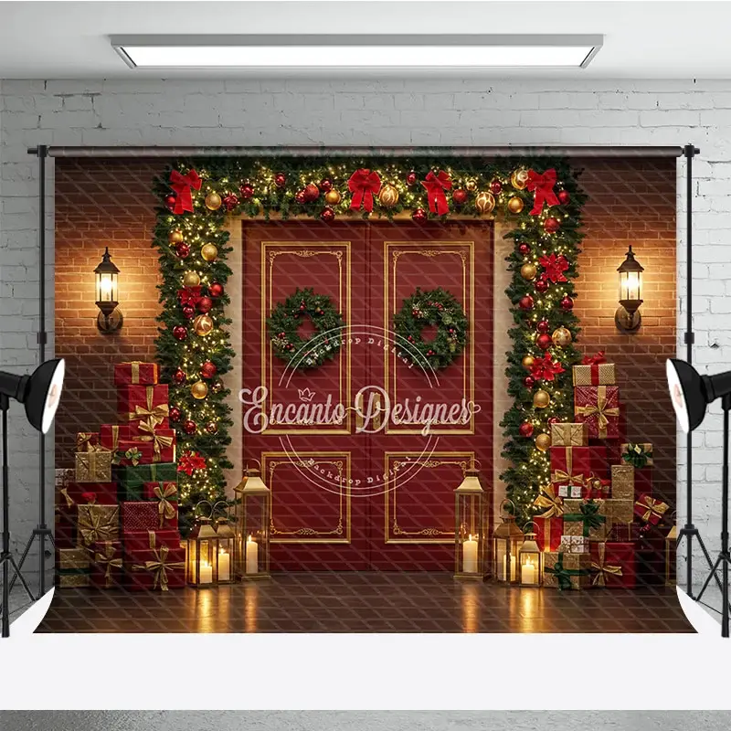 Aperturee Christmas Red Door Photography Backdrop, Brick Wall with Garland and Presents, Holiday Mini Session Background, 3x2ft (WxH)