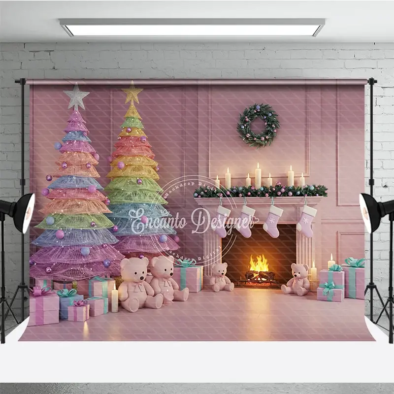 Aperturee Pastel Christmas Photography Backdrop with Rainbow Trees, Pink Fireplace and Teddy Bears, Whimsical Holiday Decor, 3x2ft (WxH)