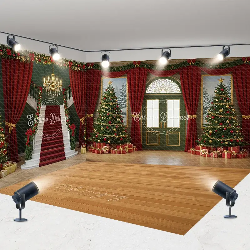 Aperturee Grand Christmas Ballroom Room Set Backdrop, Red Carpet Staircase with Green Walls, Elegant Holiday Photo Studio