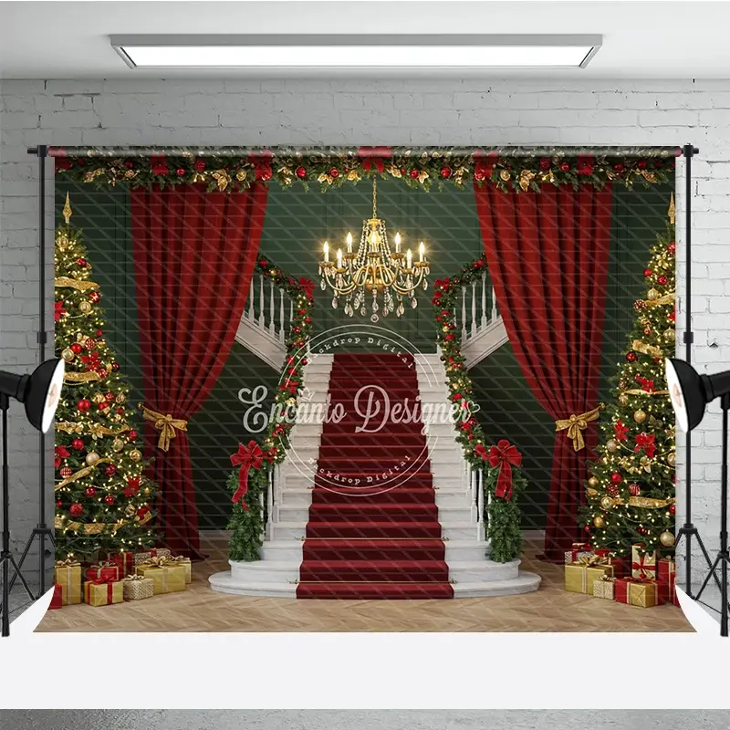 Aperturee Grand Christmas Staircase Photography Backdrop, Red Carpet with Green Walls, Elegant Holiday Photo Background, 3x2ft (WxH)