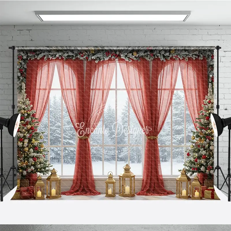 Aperturee Grand Christmas Window Photography Backdrop, Red Curtains with Snowy View, Elegant Holiday Mini Session Background, 3x2ft (WxH)