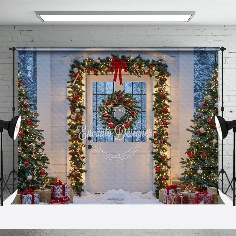 Aperturee Christmas Front Door Photography Backdrop, White Door with Garland and Red Bows, Snowy Holiday Photo Background, 3x2ft (WxH)