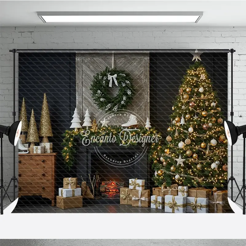 Aperturee Rustic Christmas Fireplace Photography Backdrop, Barn Door Mantle with Skates, Farmhouse Holiday Photo Background, 3x2ft (WxH)