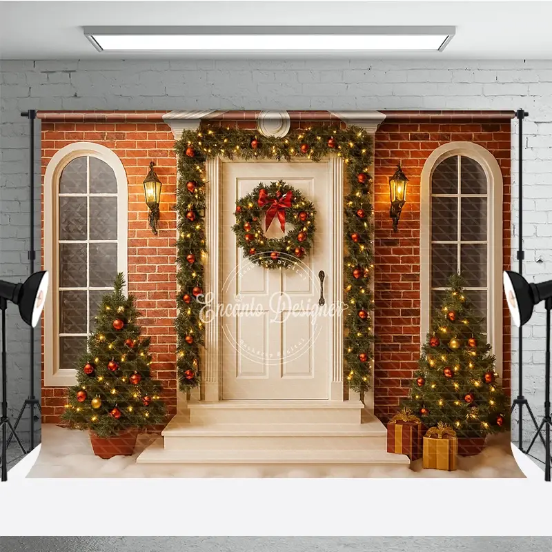 Aperturee Christmas Front Porch Photography Backdrop, White Door with Brick Wall and Garland, Holiday Photo Background, 3x2ft (WxH)