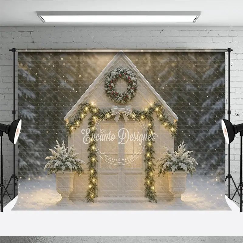 Aperturee Christmas White House Photography Backdrop, Snowy Scene with Garland and Lights, Holiday Mini Session Background, 3x2ft (WxH)