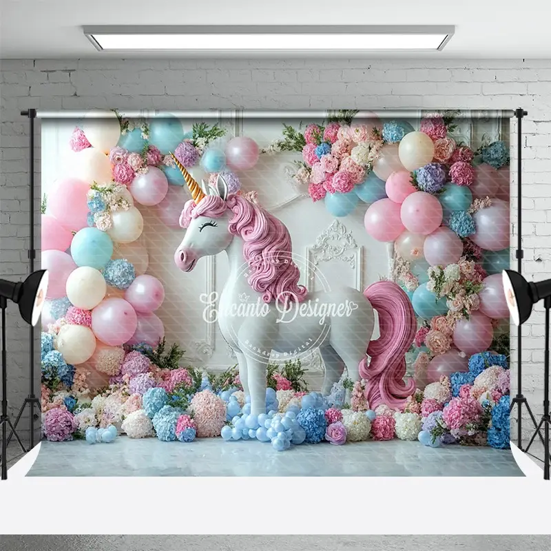 Aperturee Floral Balloon Arched Unicorn Cake Smash Backdrop, 3X2FT(1MX0.6M), 14 USD, birthday cake smash backdrops, ENHD2L36-M