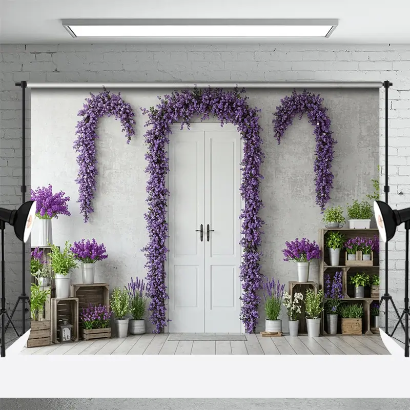 Aperturee Violet Floral Arched Door Elegant Spring Backdrop, 3X2FT(1MX0.6M), 14 USD, spring backdrops, ENHD2L49-M