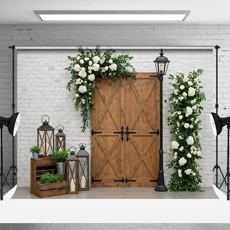 Aperturee Sweet Floral Wooden Door White Brick Wedding Backdrop, 3X2FT(1MX0.6M), 14 USD, wedding backdrops, ENHD2L59-M