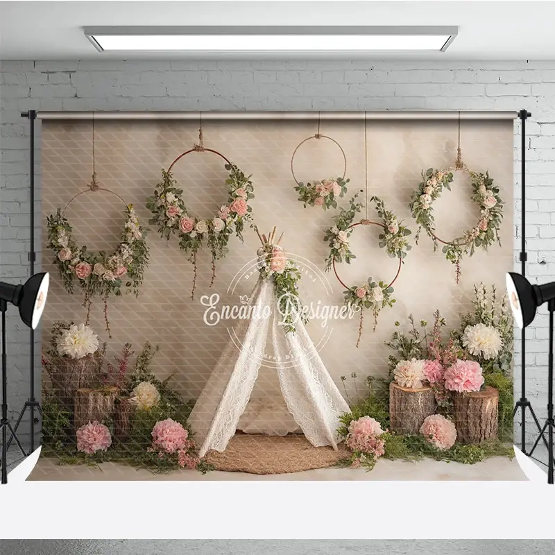 Aperturee Boho Wedding Photography Backdrop, Lace Teepee with Floral Hoops, Rustic Chic Party Photo Booth Background, 3x2ft (WxH)