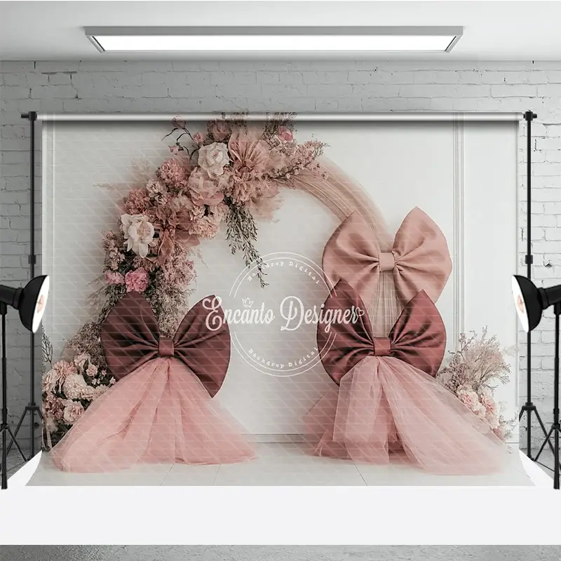 Aperturee Boho Wedding Photography Backdrop with Large Bows, Pink Dried Floral Arch, Modern Bridal Shower Photo Booth, 3x2ft (WxH)