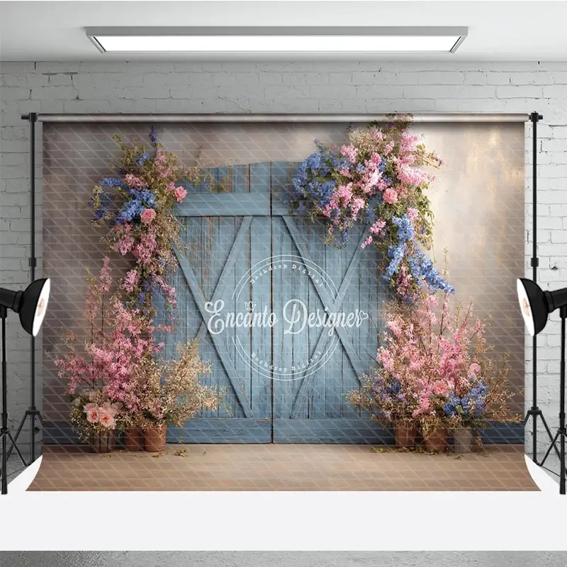 Aperturee Vintage Blue Door Photography Backdrop with Spring Flowers, Rustic Painterly Wall, Fine Art Photo Background, 3x2ft (WxH)