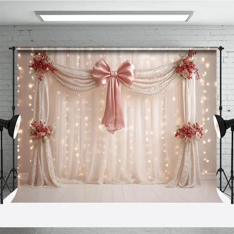 Aperturee Elegant Curtain Photography Backdrop with Pink Bow and Pearls, Fairytale Wedding, Bridal Shower Photo Booth, 3x2ft (WxH)