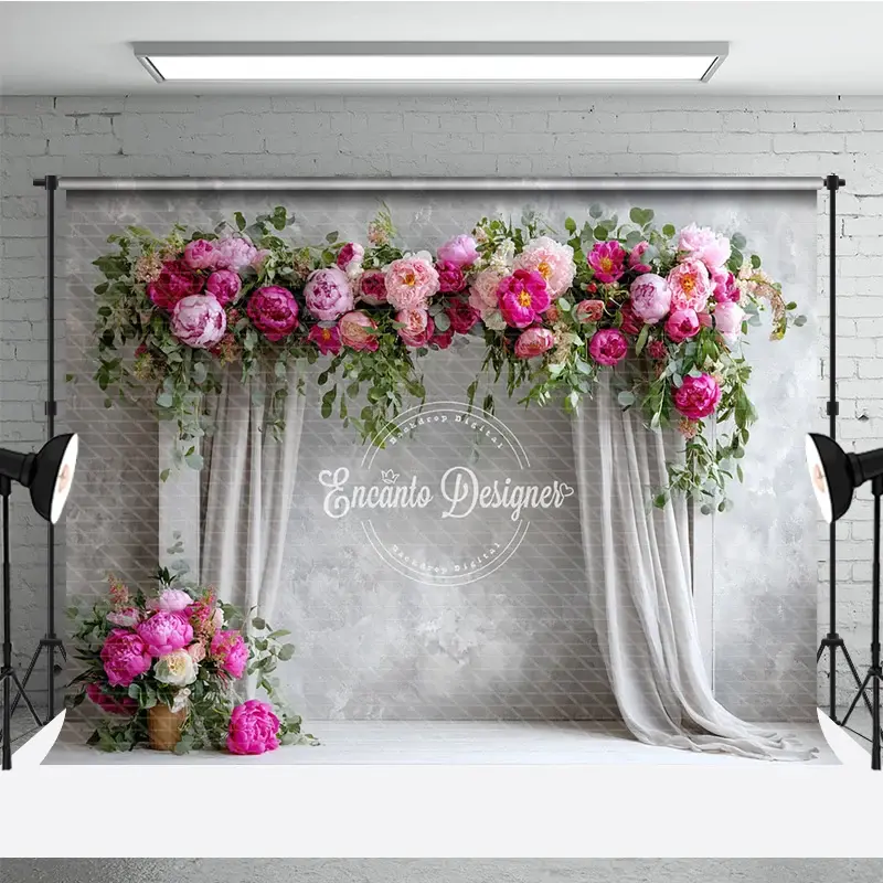 Aperturee Elegant Peony Floral Arch Photography Backdrop, Grey Curtains on Textured Wall, Wedding Photo Booth Background, 3x2ft (WxH)